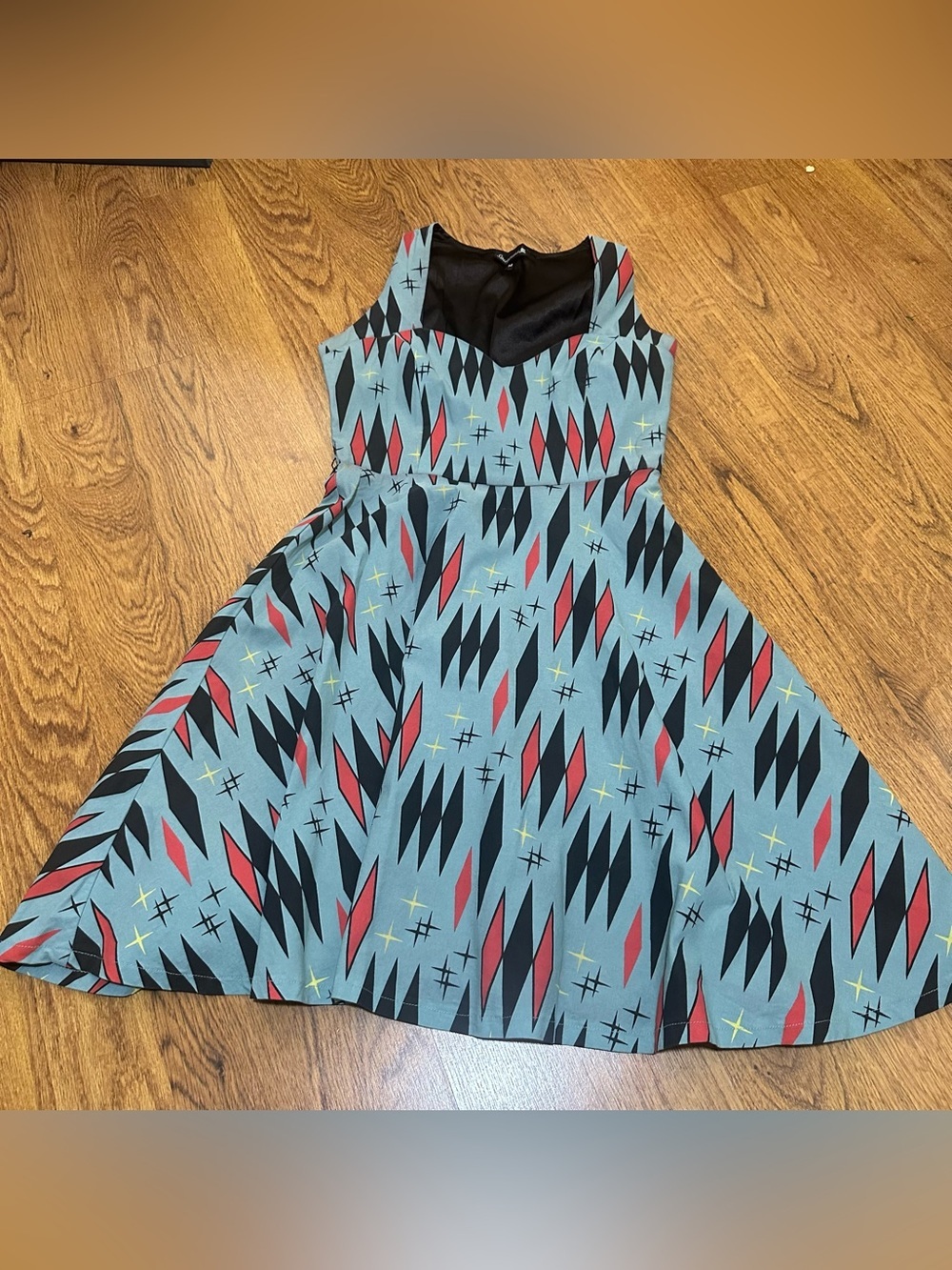 Sourpuss blue geometric sleveless retro lined skater dress medium pin up girl